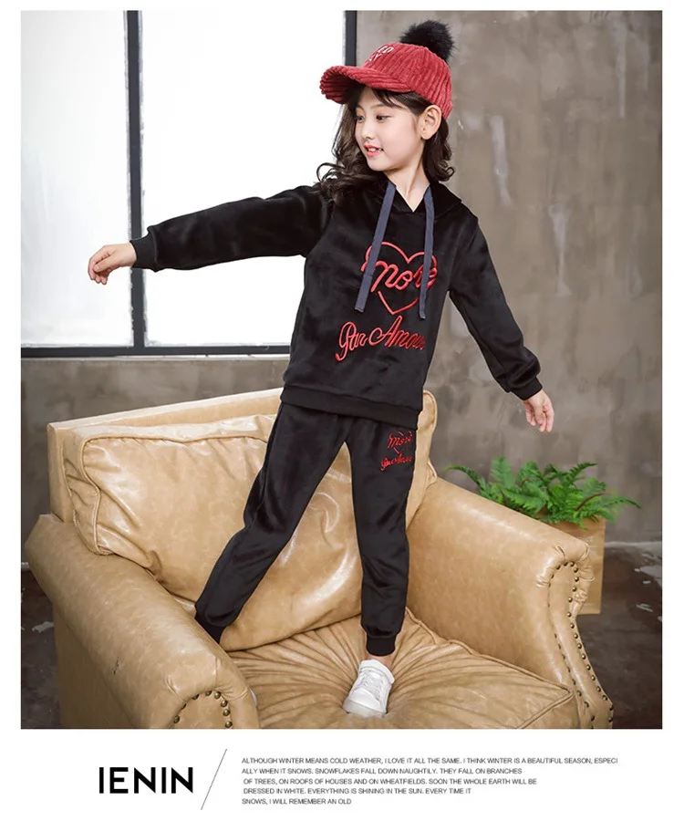 

New Autumn Winter Velvet Kids Girls Clothes Sets Solid Long Sleeve T-shirt Tops + Pants 2PCS Outfit Sets