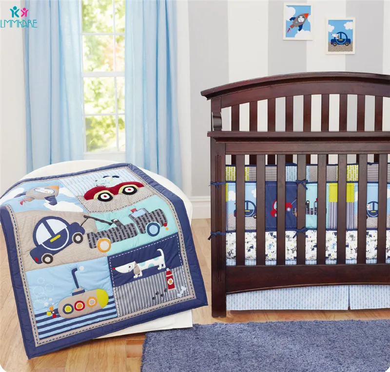 

Cotton Newborn Baby Bedding Sets Blue Cartoon Car puppy Baby Infant Bed Bumpers Comfort Soft Baby Boy's Bed Sheet Quilt Bedskirt