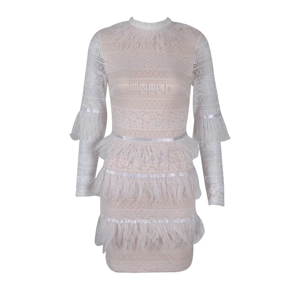 DressBird сексуальное кружевное Бандажное платье с длинным рукавом Клубное платье Vestido Роскошные перья и кисточки мини знаменитое вечернее платье - Цвет: Apricot