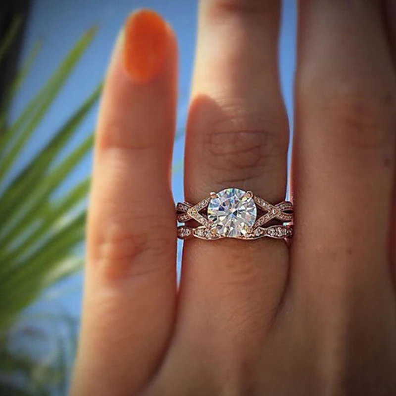 Rose Gold Color Ring With Shiny Zirconia For Women Lover Romantic Couple Ring Wedding Bands Jewelry Gift