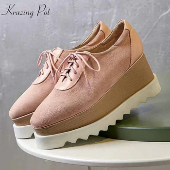 

Krazing Pot sheep suede waterproof platform high fashion wedges high heel pumps high qulity lace up handmade luxury shoes L05