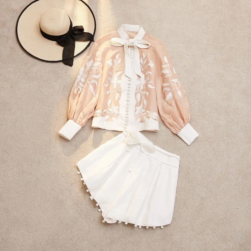 

SE Vacation Embroidery Top Bow Patchwork Floral Puff Sleeve Elegant Party Top Spring and Summer New Women's Blouse 2019SS