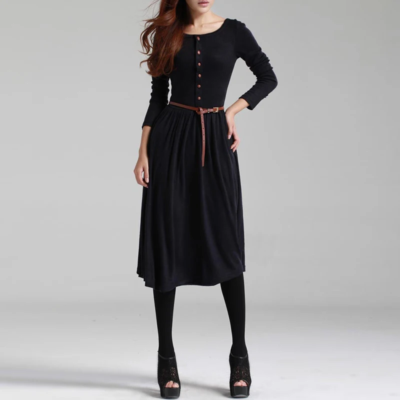 Black/Green 2017 Hot Sale Autumn Winter Dress Women's Long Sleeve Knitted Button Dress Ladies Casual Party Dress  With Belt