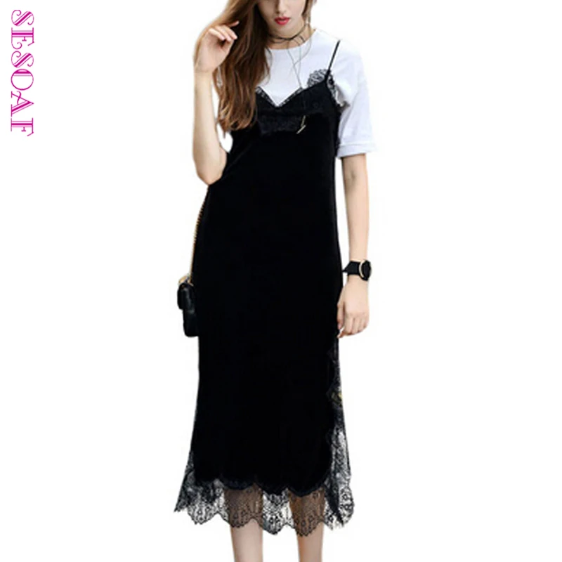 

SESOAF Sexy Black Lace Velvet Cami Dresses Slip Backless Spaghetti Strap Long Evening Party Robe Side Split 2017 Velour Dress