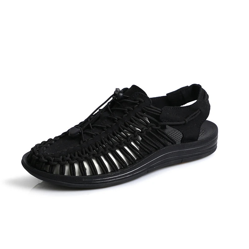 Летние сандалии для мужчин и женщин дышащая прогулочная обувь для мальчиков и девочек тканые мужские пляжные сандалии без застежки модная обувь - Цвет: Black