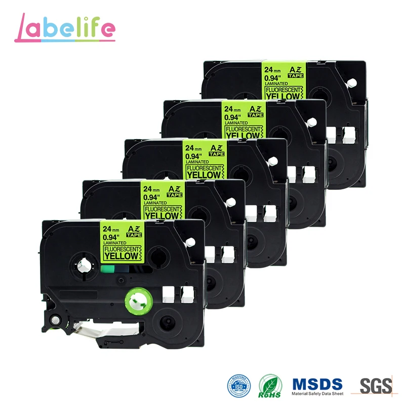 Labelife 5 упаковок 24 мм черный на флуоресцентной желтой TZe-C51 TZ-C51 совместимый с Brother