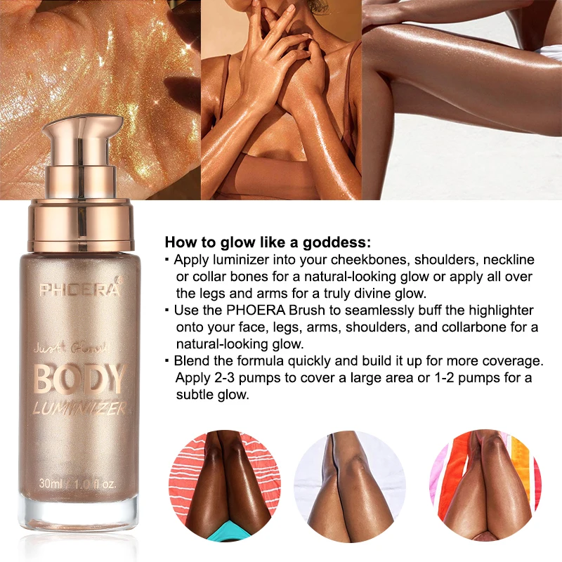 PHOERA Body Luminizer Highlighter Liquid Bronzers Illuminator Contouring Shimmer Copper Color Face Makeup Spray Glow Highlight