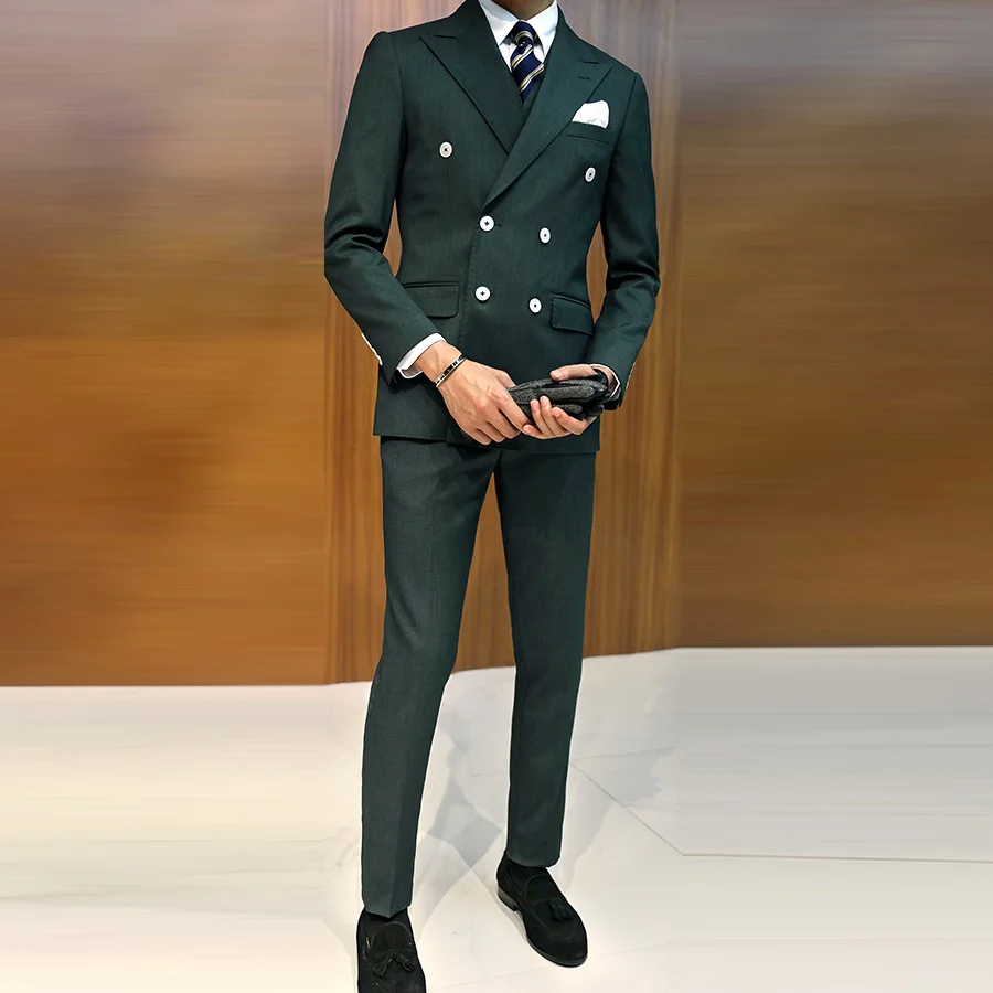 Jacket+Vest+Pants)Double Breasted Dark Green Business Suit Groom Tuxedos Slim Fit for Men Wedding Suit 3 Pcs Blazer Men Suit