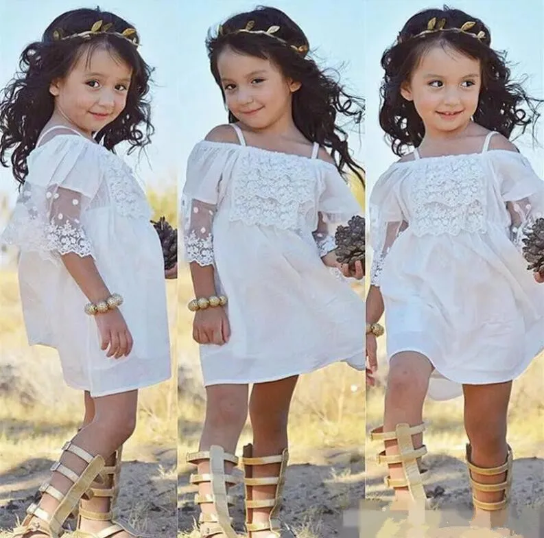 

New White Off Shoulder Baby Girls Summer Dresses Lace Chiffon Knee Length Flower Girl Dress for Beach Wedding