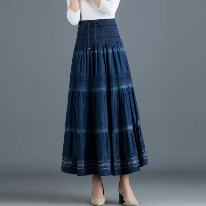 Винтаж летняя юбка макси Повседневное тонкий хлопок джинсовые Faldas Mujer Moda Новинка, эластичная кулиска линия Jupe Femme ds50556 - Цвет: dark blue