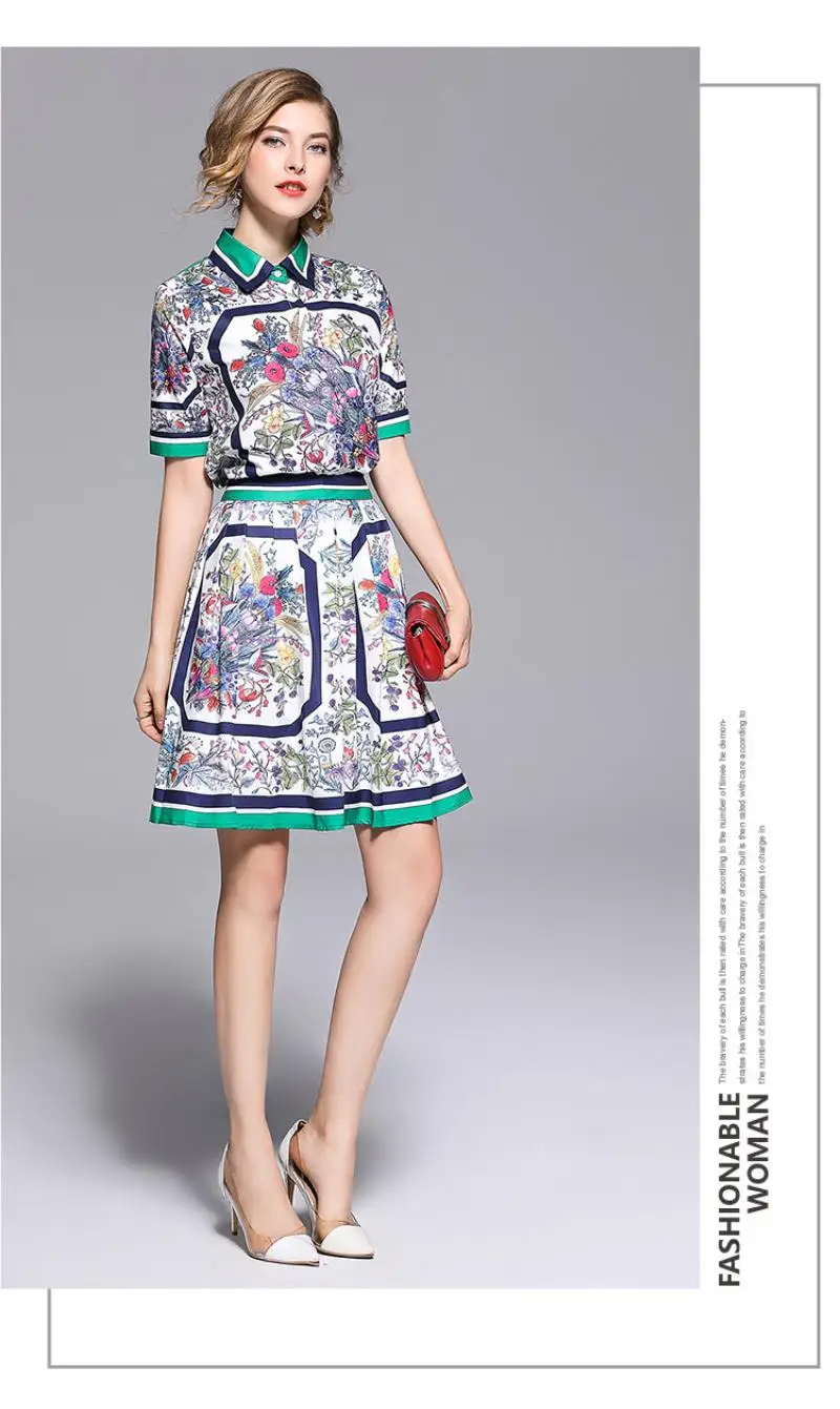European women's wear 2018 The new summer With short sleeves lapel Stripe edge Floral print shirt + Pleated skirt  printing suit