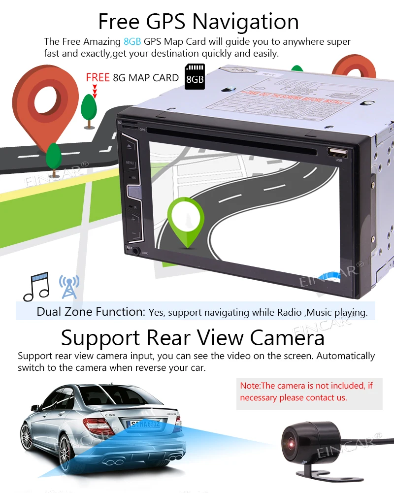 Top Eincar 6.2" Double 2 DIN In-Dash Bluetooth Car Stereo with GPS Navigation Mp3 Audio 1080P Video Player DVD/CD/SD/FM/AM/RDS Radio 2