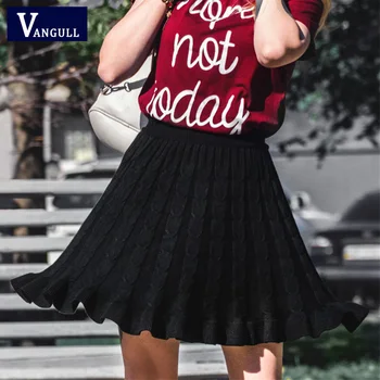 

Vangull Women Knitting Mini Skirt New Autumn Winter Vintage Fashion Ladies Pleated Ruffles Skater Female Elastic Thick Skirt