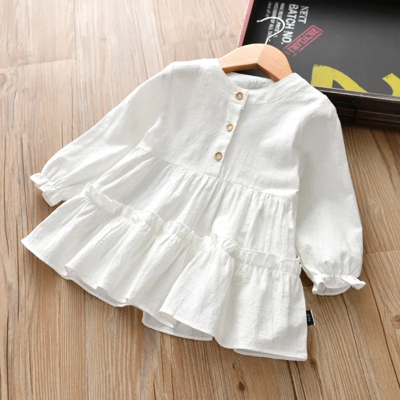 summer and autumn girls shirt girls dress solid color round neck casual vestoidos long-sleeved female children dress - Цвет: button white