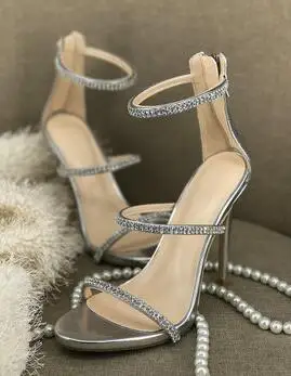 Пикантные босоножки золотистого цвета на высоком каблуке с открытым носком и ремешком на щиколотке; красивые женские туфли-лодочки; женские туфли-лодочки на шпильке со стразами - Цвет: sliver 11 cm heel