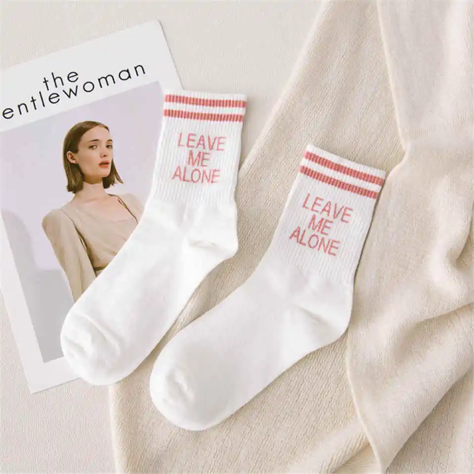 2020 Socks For Women Stripe Print Letter Leave Me Alone Cotton Socks Breathable Chaussettes Femme Hip Hop Skateboard Crew Sokken