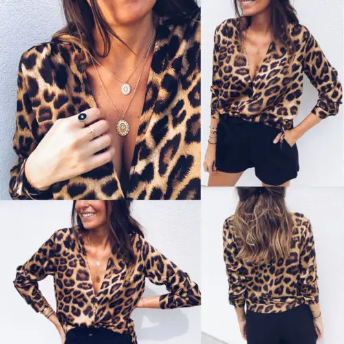 Сексуальная Женская леопардовая блузка, праздничный Топ с длинным рукавом, новинка, осень, глубокий v-образный вырез, Леопардовый принт, Пляжная женская блузка, рубашки, S-XL