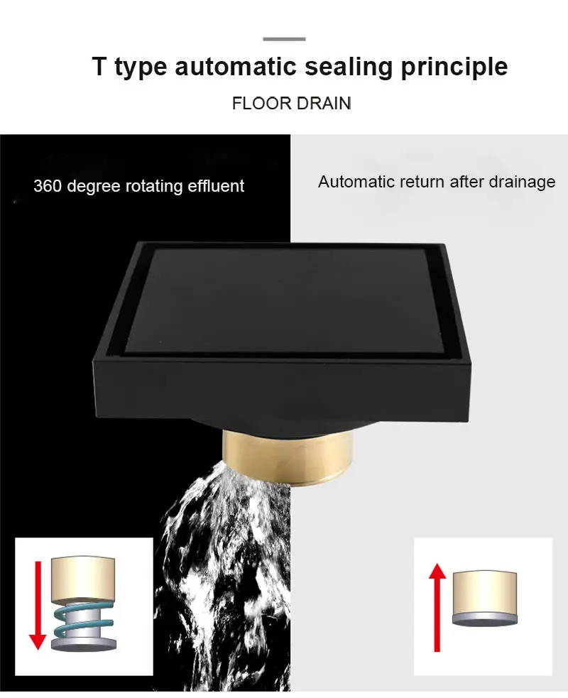 Аксессуары для ванной комнаты напольные стоки твердая латунь черная заглушка для ванной 100X100 Невидимый без запаха сливной фильтр WB9001