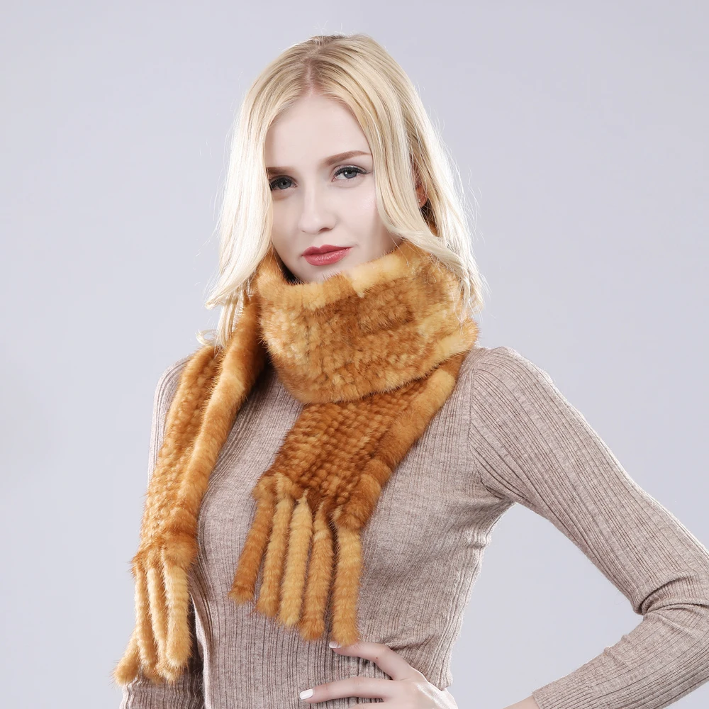 Women Hand Knitted Real Mink Fur Scarf Natural Warm Mink Fur