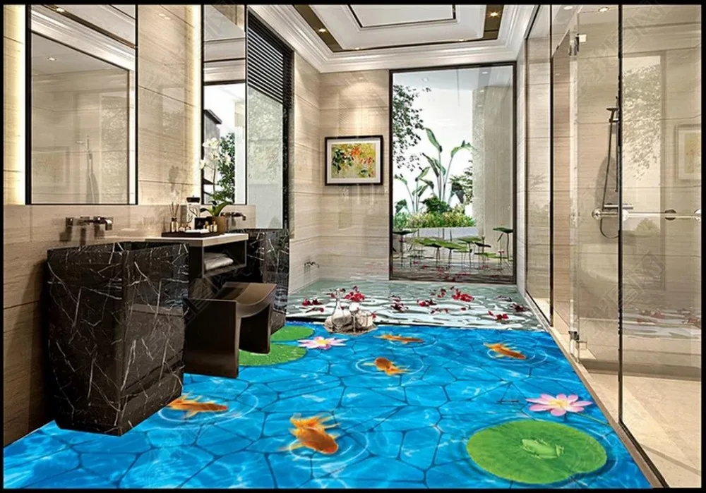 

Custom photo wallpaper 3d flooring Waterproof self-adhesion murals Blue water pattern pebble goldfish lotus 3D bathroom floor