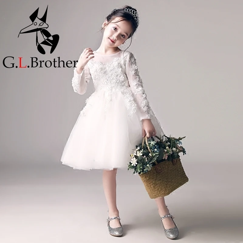 

Birthday Party Luxury Girl's White Dress Communion Pageant Ball Gowns For Girl Emboridery Floral Dresses Kids Costume Gown S87