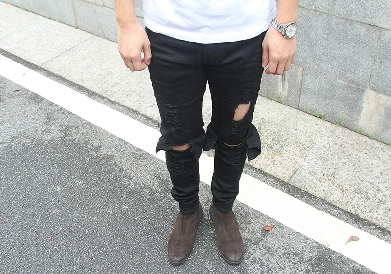 Новые хип-хоп KANYE WEST нищие с вырезами тонкие эластичные облегающие джинсы с большими отверстиями в коленях отверстие для мужчин и женщин Япония джоггеры брюки