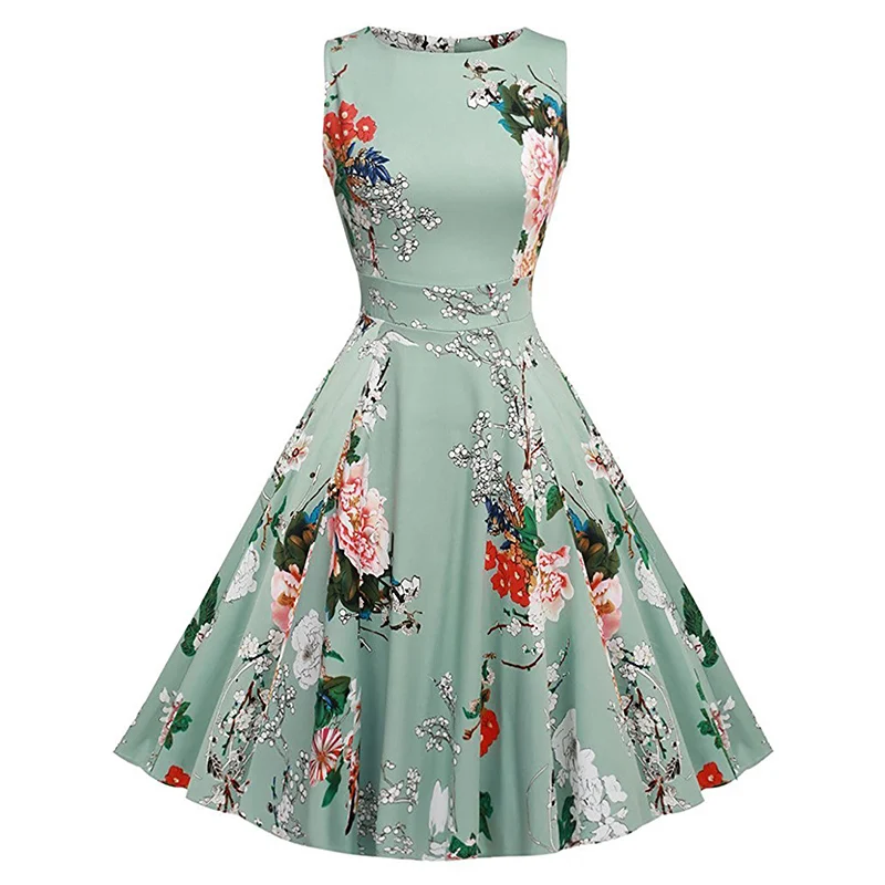 Kostlich Floral Print Summer Dress Women 2018 Sleeveless Tunic 50s Vintage Dress Belt Elegant Rockabilly Party Dresses Sundress (11)