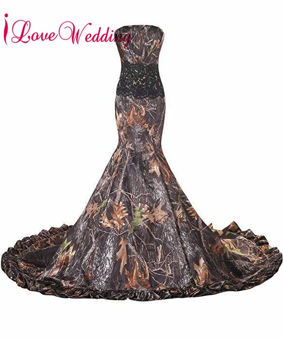 Mermaid Camo Wedding Dresses Sleeveless Strapless Lace Applique Lace Up