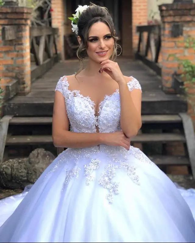 Vestido De Noiva Princesa Свадебные платья с бисером и кружевом прозрачные рукава-крылышки с круглым вырезом и пуговицами сзади подвенечные свадебные платья