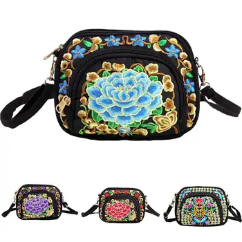

Women Ethnic Flower Embroidery Mini Canvas Crossbody Shoulder Bag Phone Holder