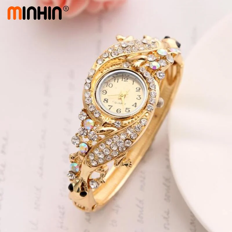 

MINHIN Luxury Rhinestone Watch Jewelry Women Dress Accessory Gold Austrian Crystal Quartz Bracelet Bangle Watches Fashion Style
