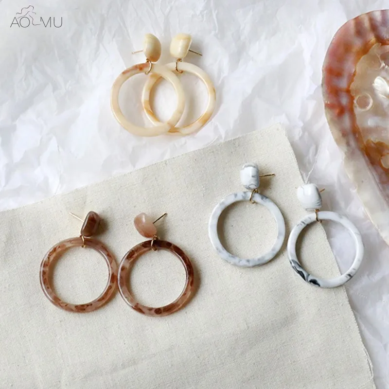 

AOMU 2019 Retro Acrylic Acetate Geometric Big Round Circle Hollow Dangle Drop Earrings for Women Girl Accessories Gift