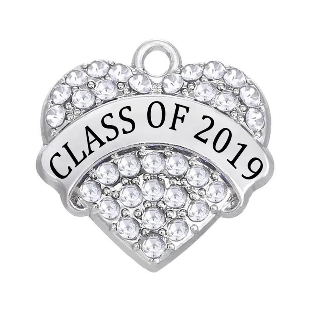 

New Design Heart Rhinestone Inlaid Metal Pendant & CLASS OF 2019 Label Charm for DIY Student Graduation Gift Souvenir Jewelry