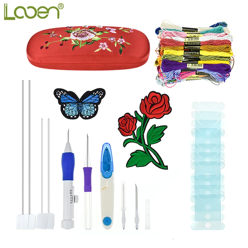 

Looen Magic Embroidery Pen Punch Needles Set Needle Scissors Thread Flower Patterns Kit Knitting Sewing Tool for Women DIY Tool