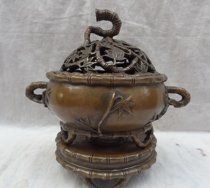 

JP S0610 8" Chinese Bronze Bamboo Pole Leaf Statue Buddhism Dragon Incense Burner Censer