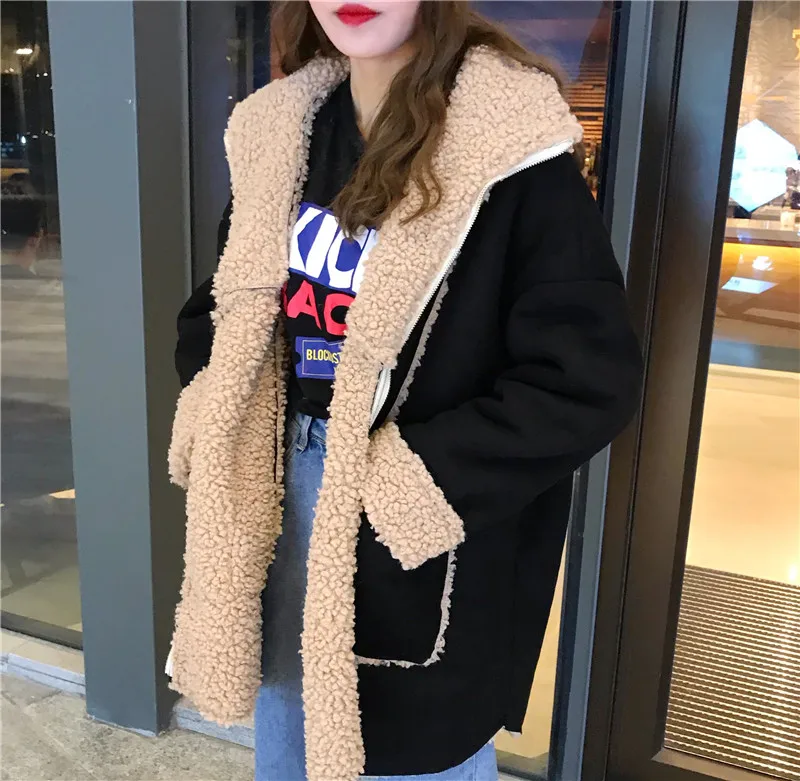

Korean Style Women Fake Fur Jacket Coat 2018 Winter Thick Fleece Lining Long Sleeve Fake Fur Overcoat Black Oversize Outwear