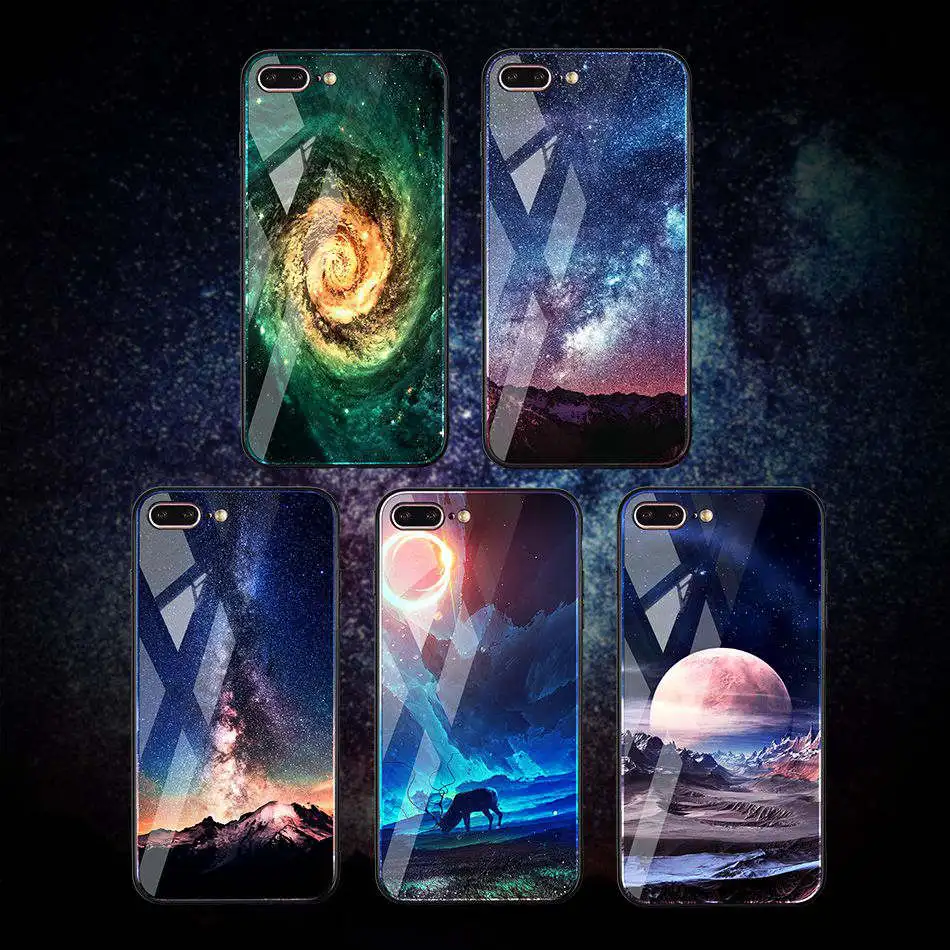 TOMKAS Space Star Case For iPhone X Case Tempered Glass Patterned For iPhone 7 6 Plus 6s 8 Cases Glossy TPU Soft Edge Cover