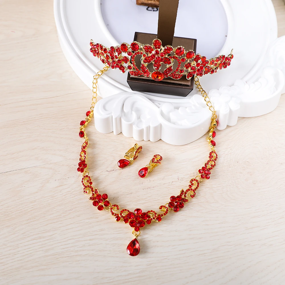 Red Rhinestone Jewelry Sets Gold Color Bridal Wedding Crown Tiara