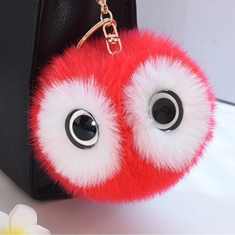 

12CM Fluffy Big Eyes Pompom Faux Rabbit Fur Ball Key Chain Ring Women Trinket Pompon Keyring Bag Charms Toy Keychain Jewelry