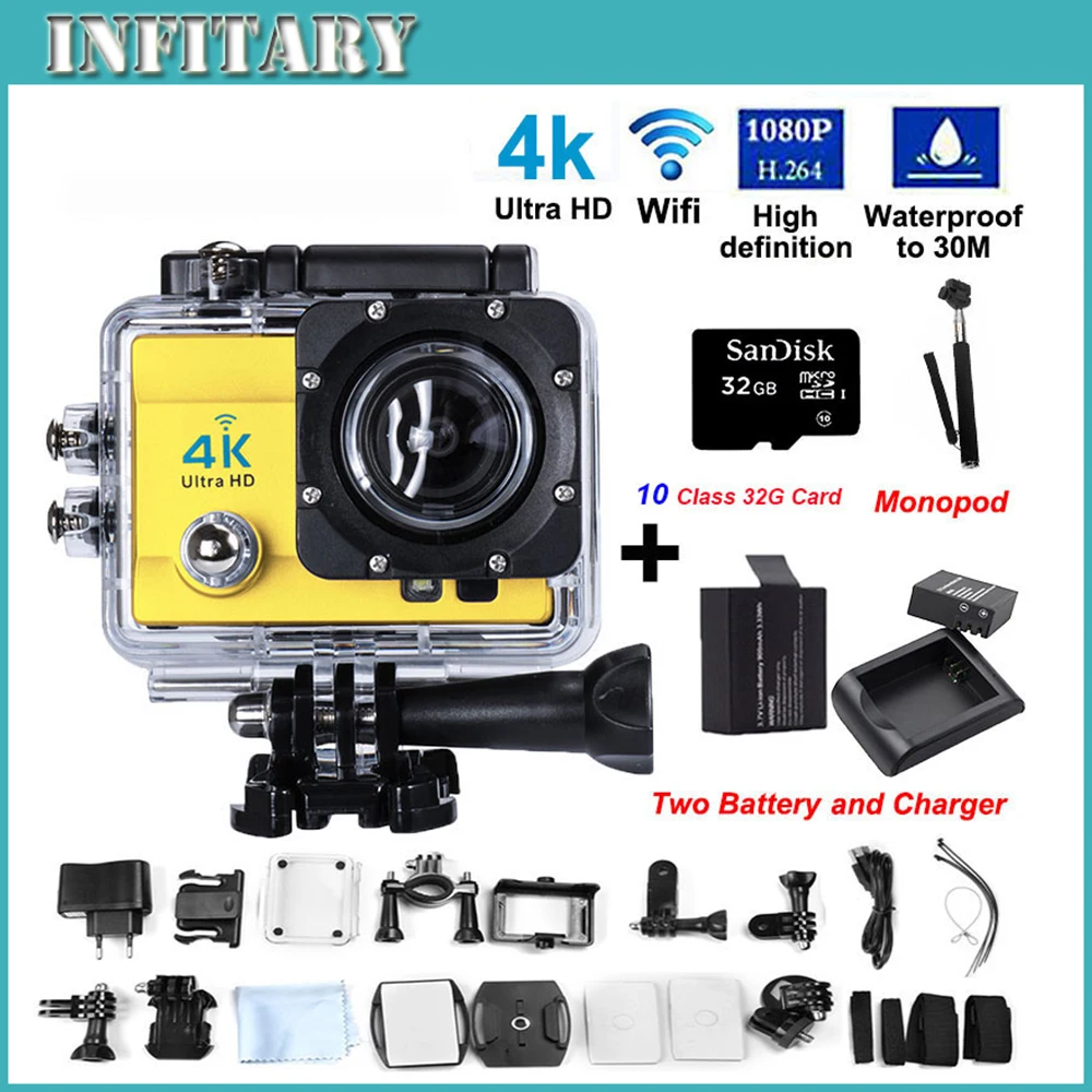 4K WIFI Action Camera 4K Ultra HD Wifi Sport Camera Waterproof 30M Sports Cam+2Battery+Charger+Monopod+10 Class 32G Card