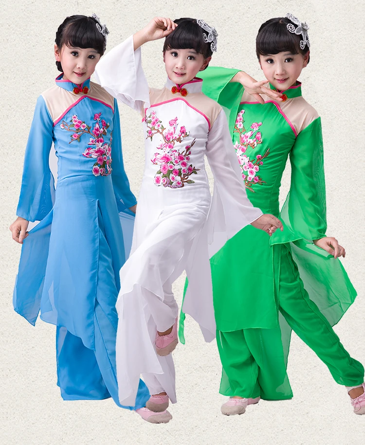 6 Цвет детей китайский танец костюм малыш Yangko танец Костюмы девушка вентилятор Одежда для танцев китайский зонтик танец сценический костюм