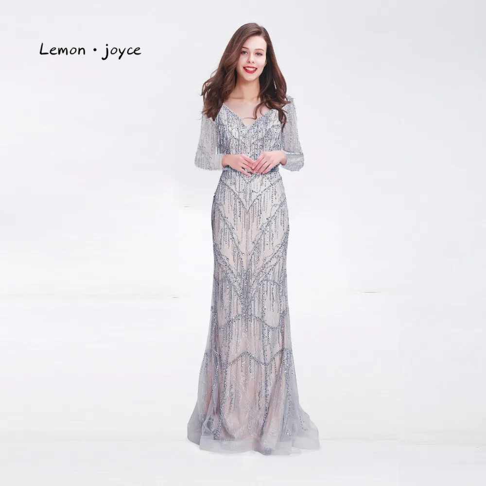 

Lemon joyce Luxury Lace Crystals Beadings Evening Dress 2019 New Arrivals V-Neck Backless Long Floor Length Long Party Dresses