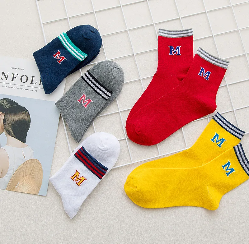 

spring womens socks 2018 japanese stripe harajuku Letter M funny socks Prevent stinky cotton socks women ankle sox Candy colors