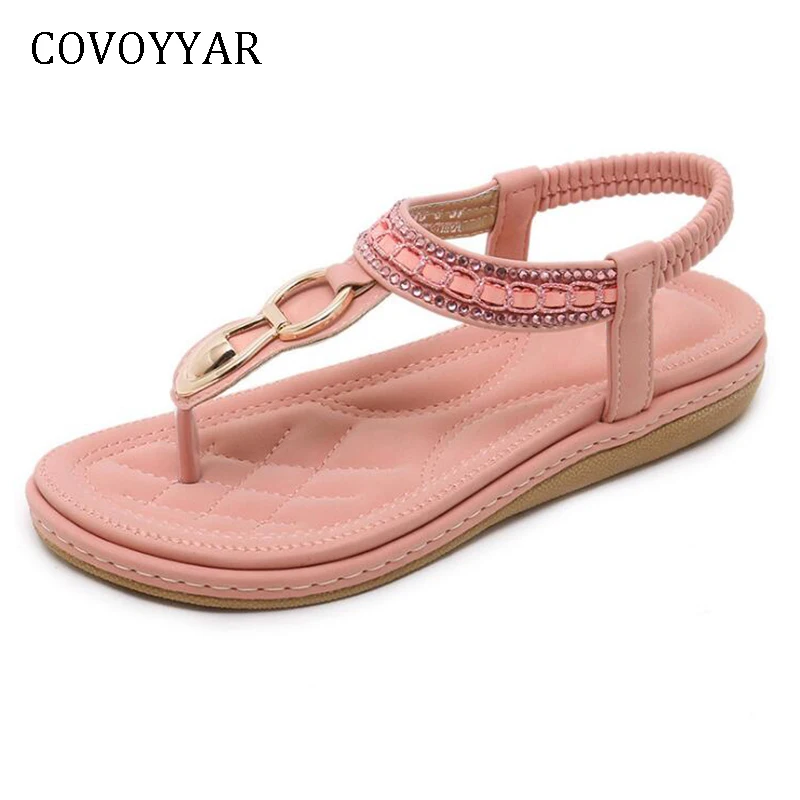 COVOYYAR Boho Rhinestone Women Flip Flops 2022 Summer Metal Buckle Women Beach Sandals Low Wedge