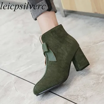 

Women's Boots Autumn Winter High Heel Ankle Round Toe Zip Thick Heel Basic Patchwork 2019 Flock New Sexy Fashion Casual Black