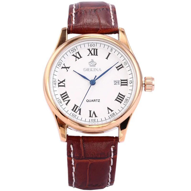 

MG. ORKINA Luxury Rose Gold Case Leather Band Auto Date Display Male Watch Japan Quartz Movement Relogios Masculino