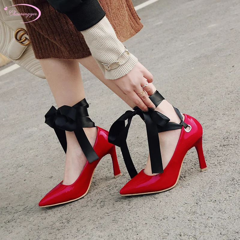 

Party style sexy pointed toe paint pumps fashion ankle straps beige red black thick high heels women's shoes big size
