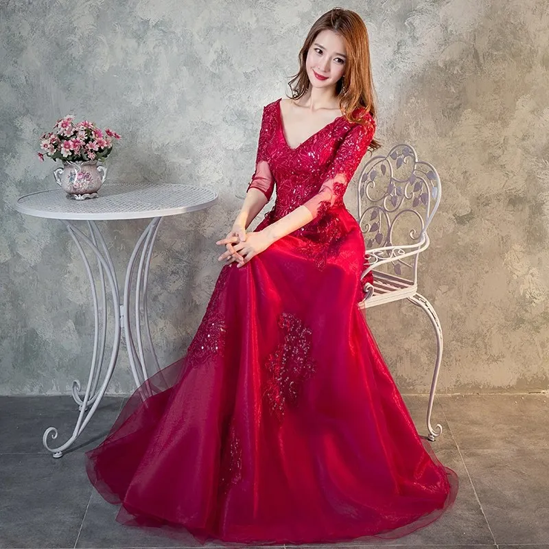 Красное вечернее платье, длинное,, открытая спина, сексуальное, v-образный вырез, половина рукава, свадебное платье для гостей, элегантное, Abito Da Cerimonia ES1403