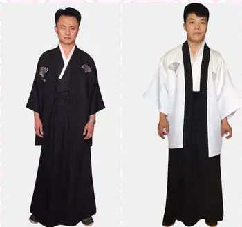 

2017 Japan Tradition Japanese Kimono Men Black White Yukata Clothing 3pcs Sets Vest Top Coat Cosplay Bathrobe Show 042502