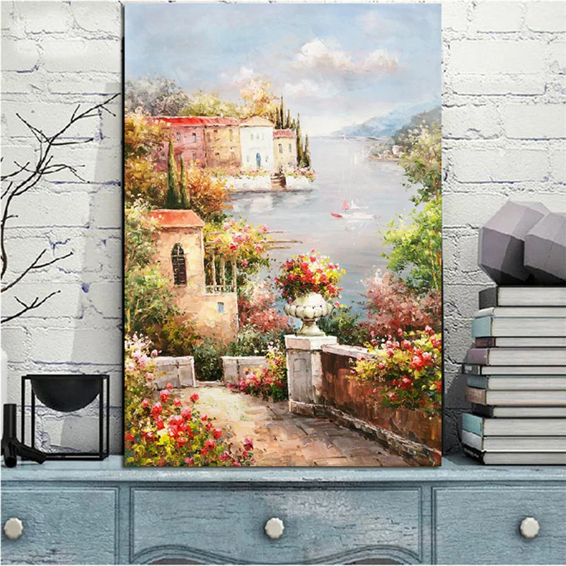 Goede Poster en Prints Abstracte Middellandse Zee Tuin Landschap Olieverfschilderij Moderne Muur Foto voor Woonkamer Decor